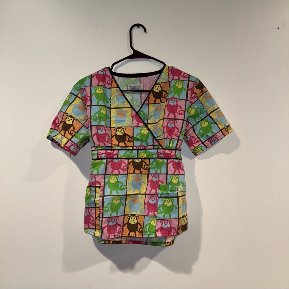 Colorful Monkey Patterned Scrub Top - image 1